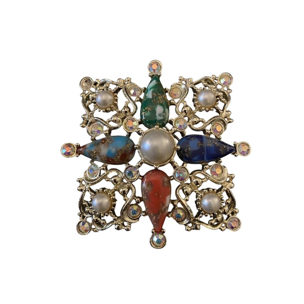 Sarah Coventry Vintage Cabochon Brooch Pin Pendant One stone missing on corner